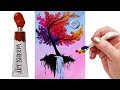 EASY Autumn Tree with waterfall moon Q Tip Acrylic Painting tutorial 🎨💜 | TheArtSherpa