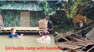 build a camp with materials from bamboo trees on the bank of the stream (@camping girl2)