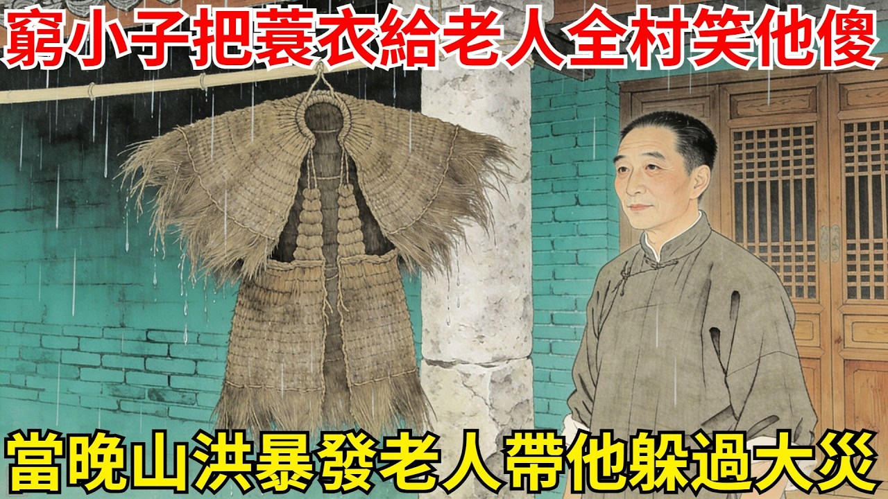 窮小子雨天把唯一蓑衣給陌生老人，全村笑他傻，當晚山洪暴發，老人現身帶他全家躲過大災#故事頻道#民間故事#故事分享#中國文化#情感#聽書
