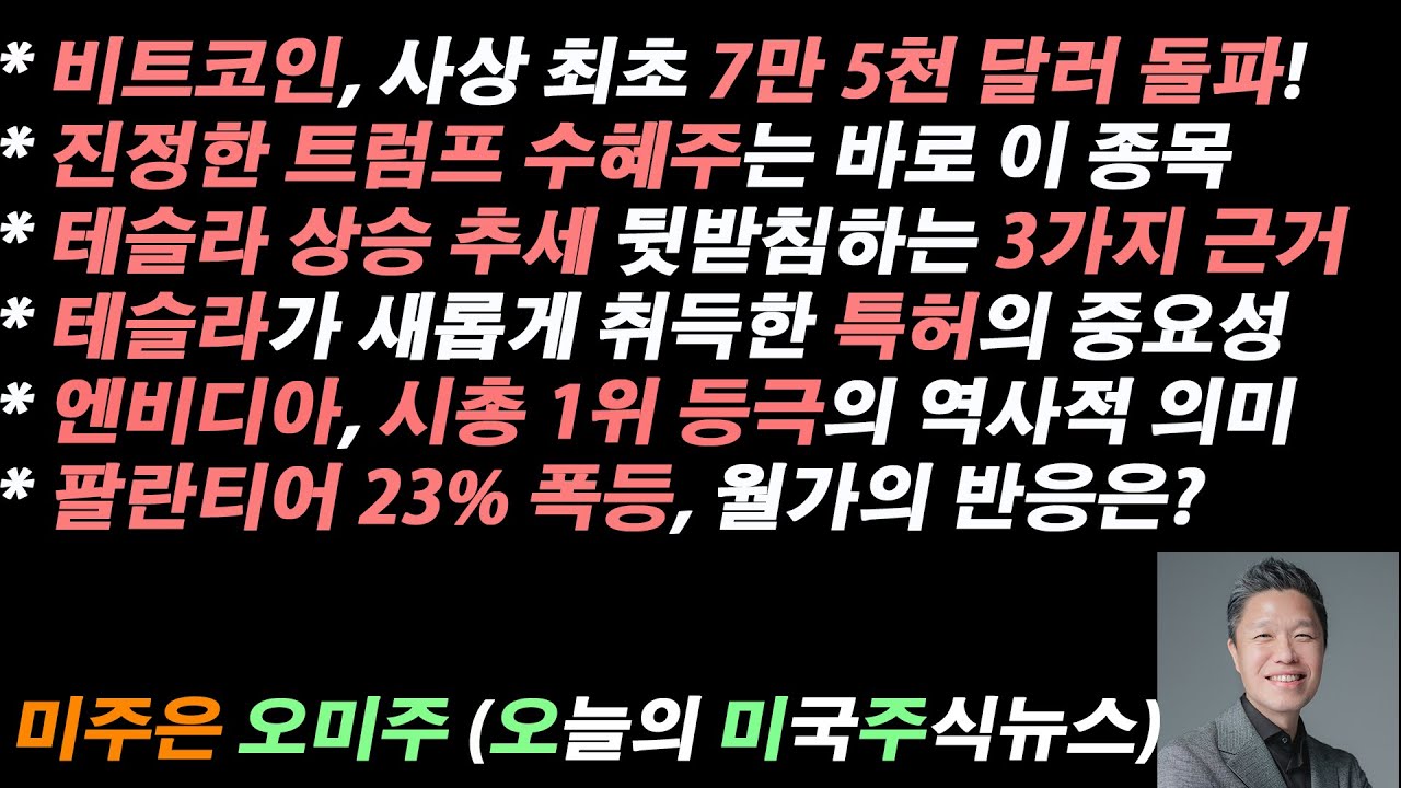 [오늘의 미국주식뉴스] 진정한 트럼프 수혜주는? / 테슬라가 새롭게 취득한 신경망 특허의 중요성 / 엔비디아 시총 1위 등극의 역사적  의미 / 팔란티어 23% 폭등, 월가의 반응?