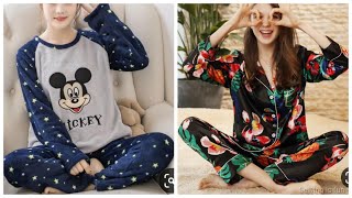 Printed Turn down collar women sleeping cotton silk pyjama set,nighty designs,loose fit night dress screenshot 2