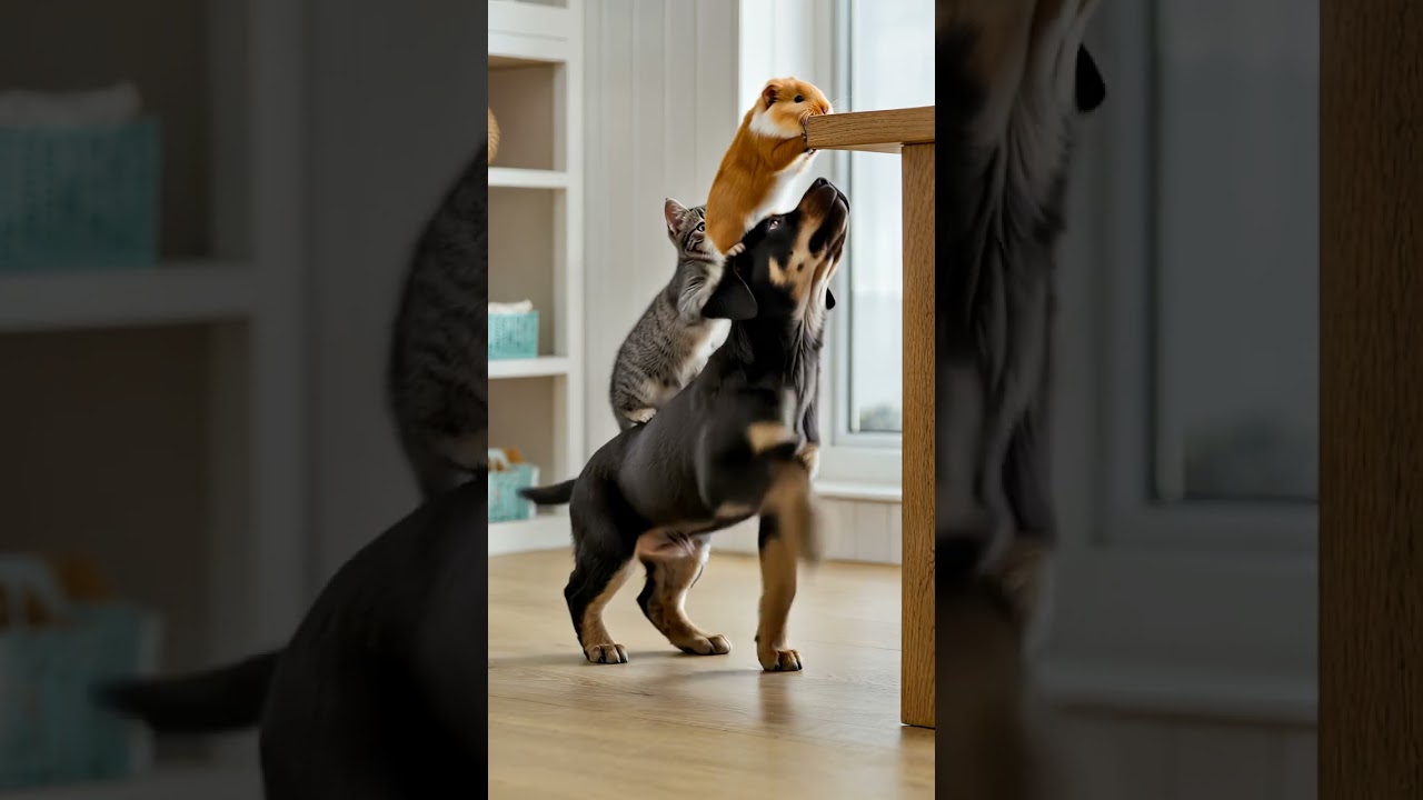 Puppy, kitten, and hamster made the cutest team… all for one tiny carrot! 🐶🐱🐹🥕🧡