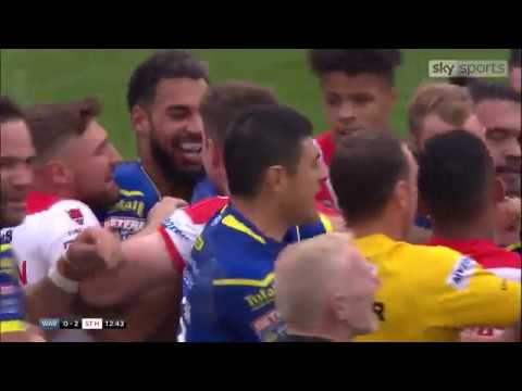 Three yellow cards at once as a high tackle led to a fight in Warrington's game against St Helens.