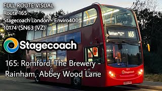 FULL ROUTE VISUAL | 165: Romford, The Brewery - Rainham, Abbey Wood Lane | SLN E40D-10174 (SN63 JVZ)