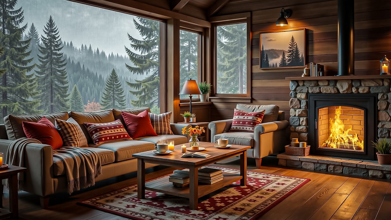 Rainy Forest Outside, Cozy Jazz by the Fireplace