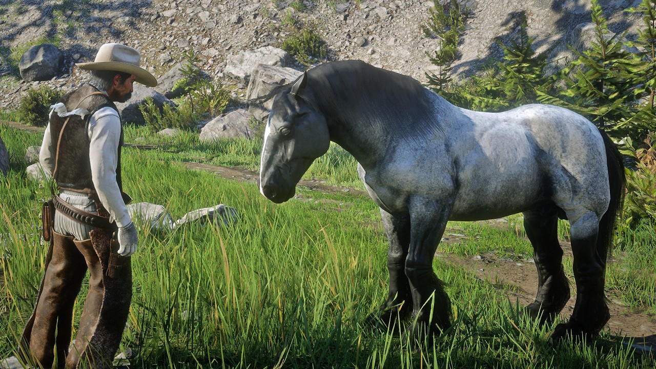 Джон Марстон приручает прекрасного арденнского серого коня у пруда Мунстоун | RDR2