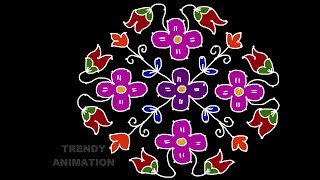 cute flower rangoli design 14*6dots with colors | rangoli with dots | muggulu |