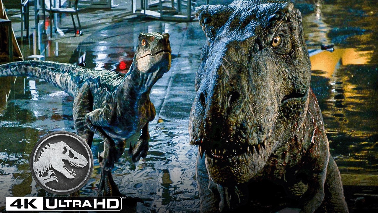 Jurassic World | Blue y los Velociraptores luchan contra el T. Rex