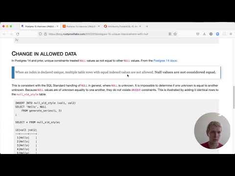 5mins of Postgres E26: New in Postgres 15 - NULL handling in UNIQUE constraints & Parallel DISTINCT