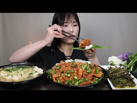 맛있는먹방♡ 제육볶음, 제육덮밥, 달래 된장찌개, <strong>미역줄기볶음</strong>, 산마늘잎, 매운, 집밥, 먹방. mukbang, spicy, kimchi, ASMR.