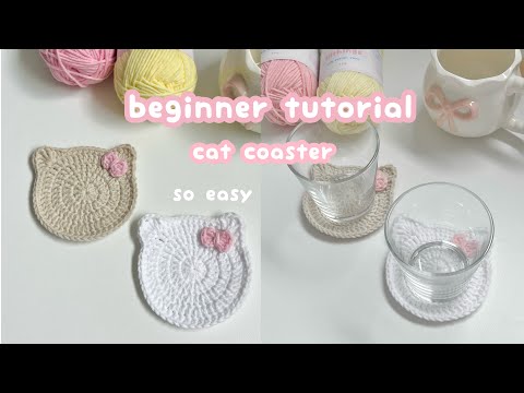 Thumbnail for crochet cat coaster for beginner | easy crochet coaster, absolute beginner crochet project