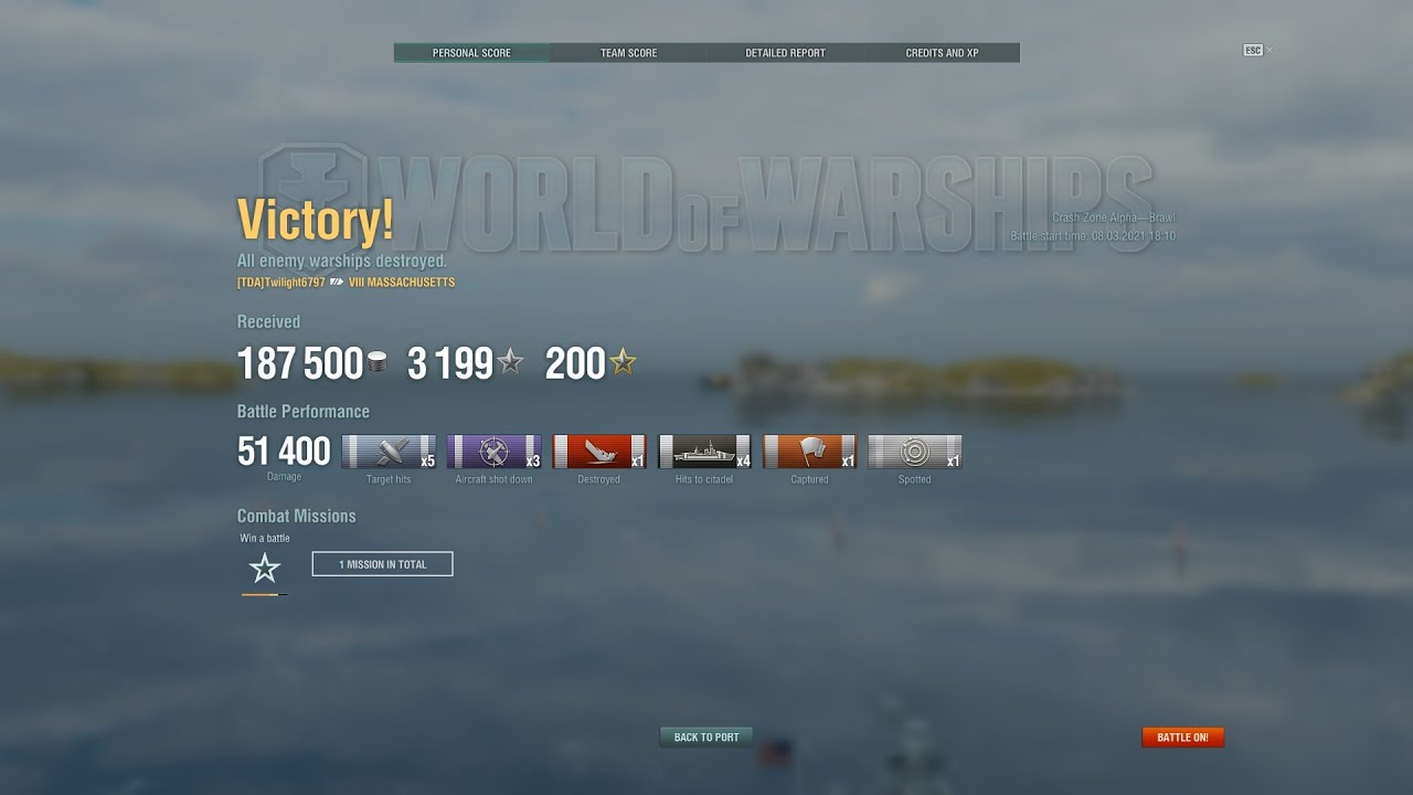 World of Warships (ASIA) 08 Mar 2021 brawl Massachusetts vs Indomitable