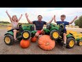 Crushing pumpkins with kids tractors and real tractors | Tractors for kids