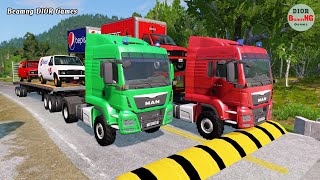 Double Flatbed Trailer Truck vs speed bumps|Busses vs speed bumps|Beamng Drive|182
