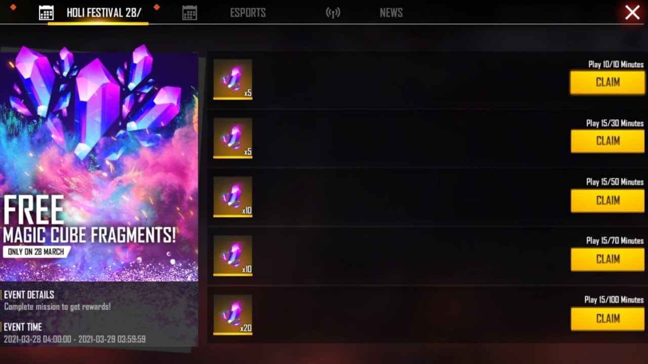 Free fire 28th March Holi Rewards | ff new event today | free fire new event | new event free fire