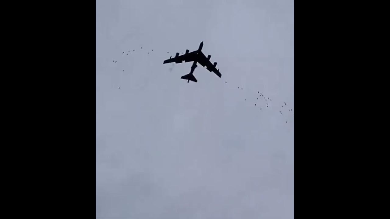 Video shows the moment a US B52 bomber hit a flock of birds in midair