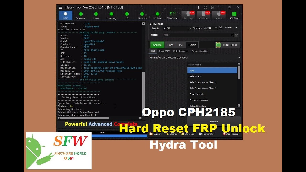 Oppo CPH2185 Hard Reset FRP Unlock Hydra Tool
