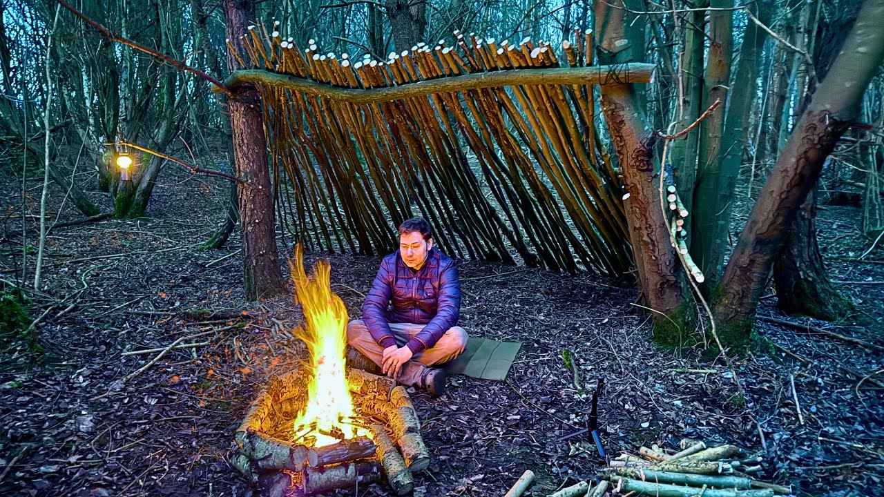 Building a Bushcraft Shelter and Cooking Steak with Chips! - YouTube