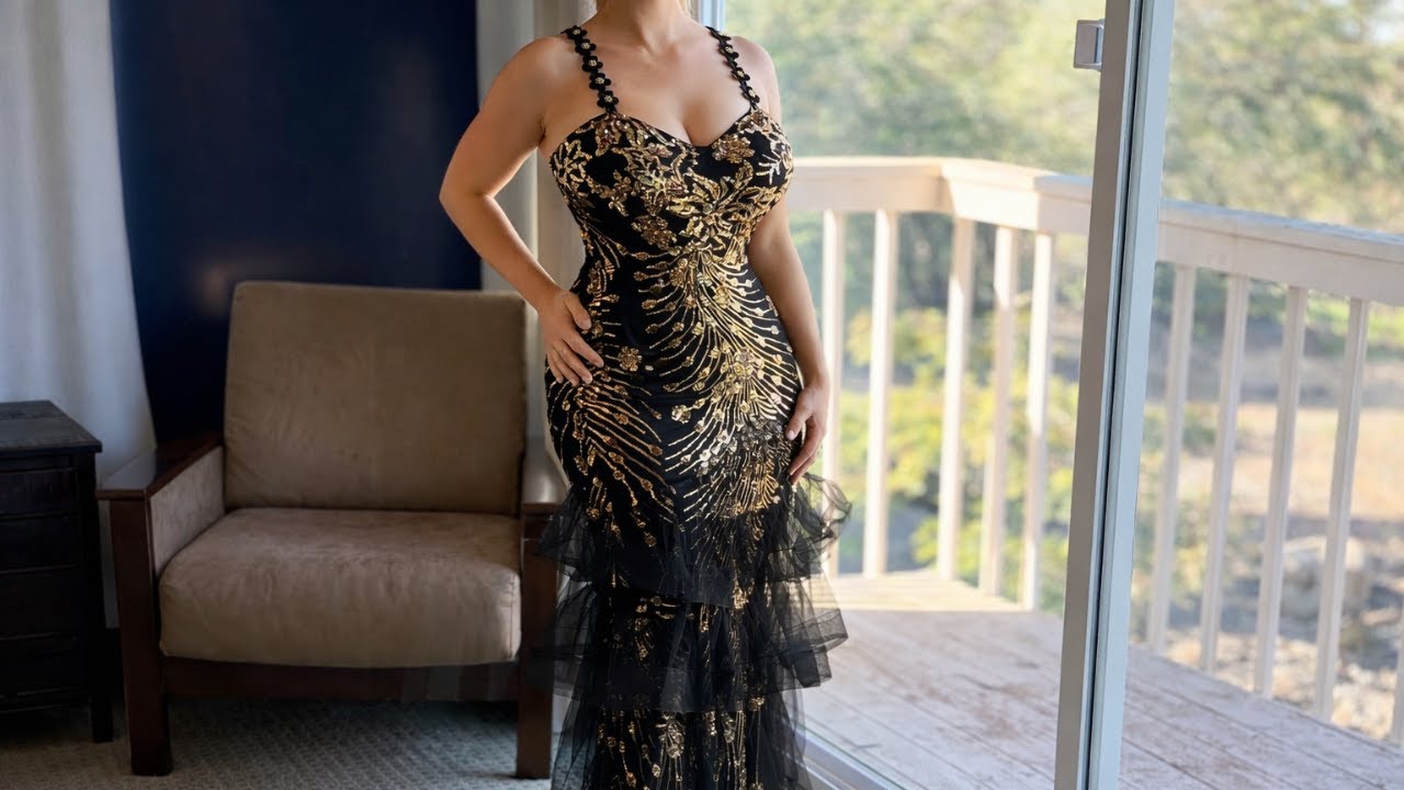 Обзор платья-макси с пайетками и сеткой | Без рукавов, силуэт «русалка», облегающее, вечернее платье