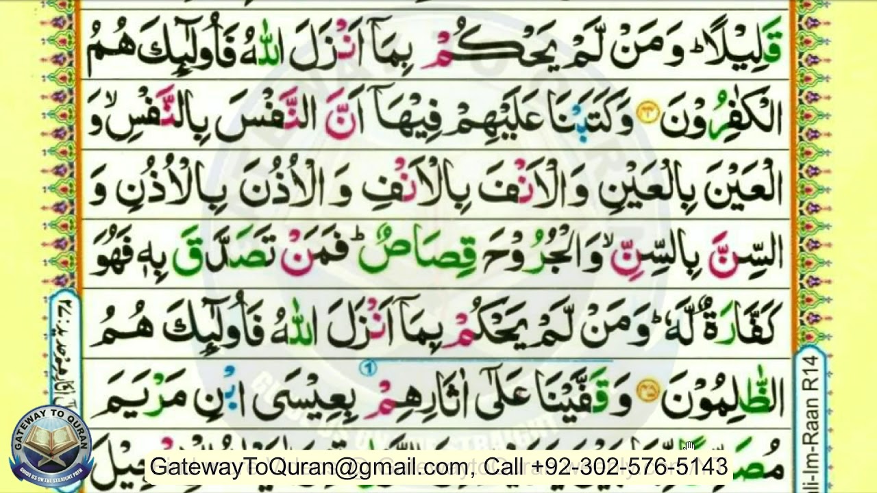 Learn Quran with Tajweed  004 Surah Al Maedah ayah 44 to 47 Para 6