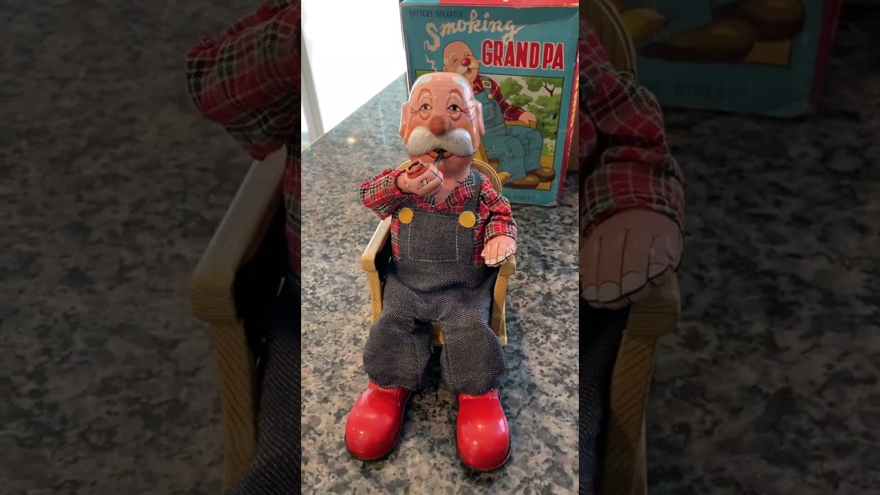 大幅値下げしました。マルサン　ブリキ　smoking grandpa 日本製 VINTAGE, BOXED, TIN SMOKING GRAND PA FROM MARUSAN (SAN