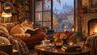 Rainy Autumn Reading Room in Prague | Cozy Jazz & Rain Ambience | Ginger Cat screenshot 4