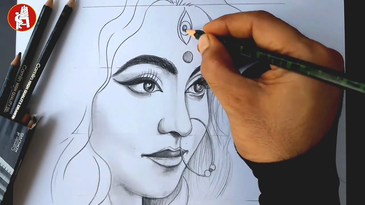 HOW TO DRAW MAA DURGA'S FACE WITH  PENCIL SKETCH STEP BY STEP.