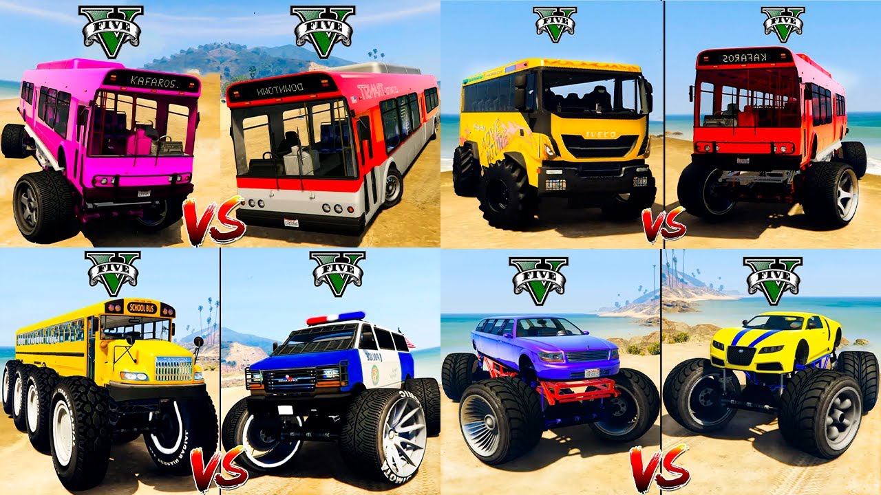 School Bus vs Monster Police Van Truck vs Bugatti Monster Truck - GTA 5 Cars Mod Comparison