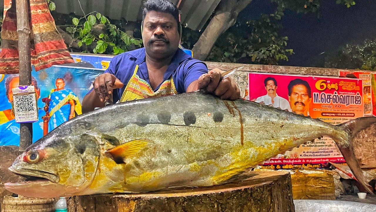 KASIMEDU SPEED SELVAM | BIG SIZE QUEEN TREVALLY FISH CUTTING VIDEO | 4K VIDEO | KM FISH CUTTING 