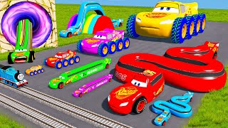 Big \u0026 Small: Long Snake Mcqueen with Spinner Wheels vs Minecraft vs Thomas Trains - BeamNG.Drive