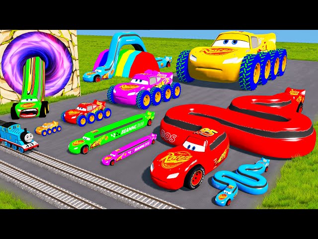 Big u0026 Small: Long Snake Mcqueen with Spinner Wheels vs Minecraft vs Thomas Trains - BeamNG.Drive class=