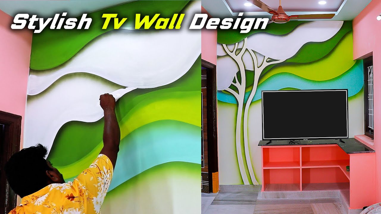 Peaceful look Tv background wall paint design for Living Room