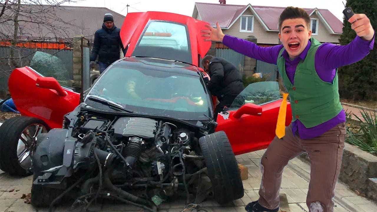 Mr. Joe CRASHED Car Corvette & Repair in Car Service VS Yellow Man on Car Without Wheels for Kids