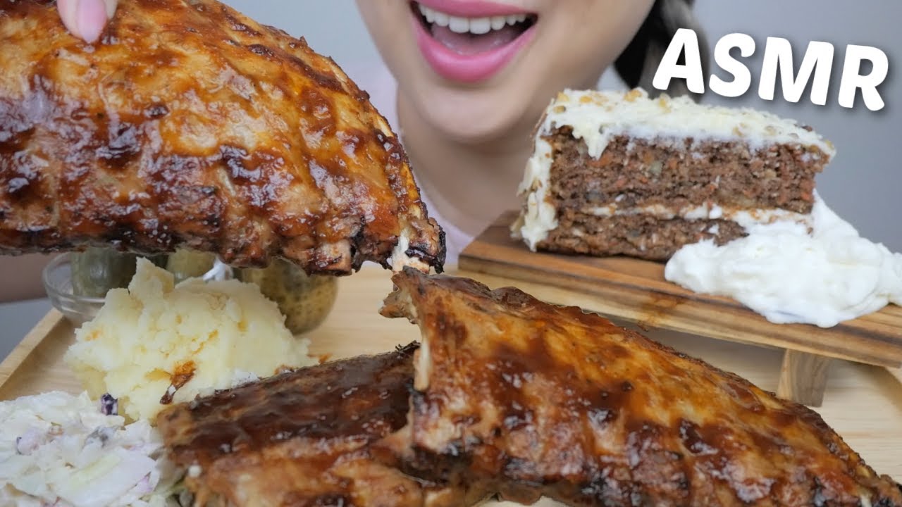 ASMR *Full-size Baby Back RIBS with Creamy Mash Potatoes and CARROT Cake Relaxing Eating Sounds|N.E