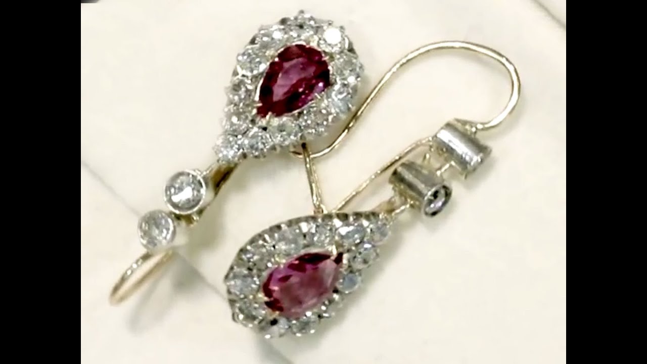 Ruby and Diamond, 9 ct Yellow Gold Drop Earrings - Antique Victorian - AC Silver W6844