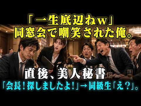 【スカッと】「一生底辺ねｗ」同窓会で嘲笑された俺。直後、美人秘書「会長！探しましたよ！」→同級生「え？」。