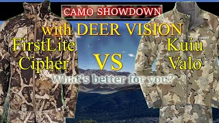 Firstlite Cipher Vs. Kuiu Valo with simulated deer vision on 12 Backgrounds.