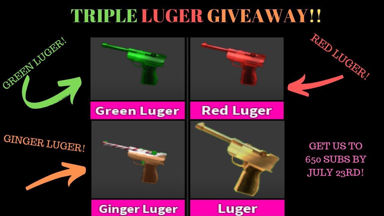 Triple Luger Giveaway Red Luger Green Luger And Ginger Luger Roblox Mm2 Youtube - luger roblox mm2