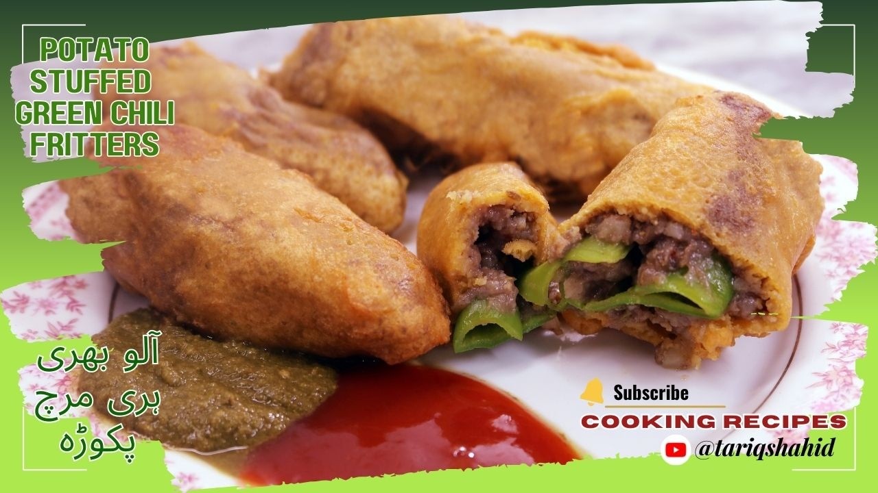 Stuffed Green Chilli Pakora / Green Chilli Potato Stuffed Fritters / آلو بھری ہری مرچ  پکوڑہ / Mirch