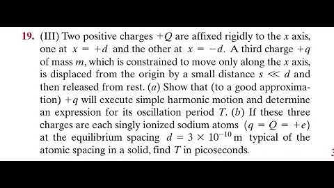 Two positive charges are affixed rigidly to the axis, one at and the other at A third charge of mass