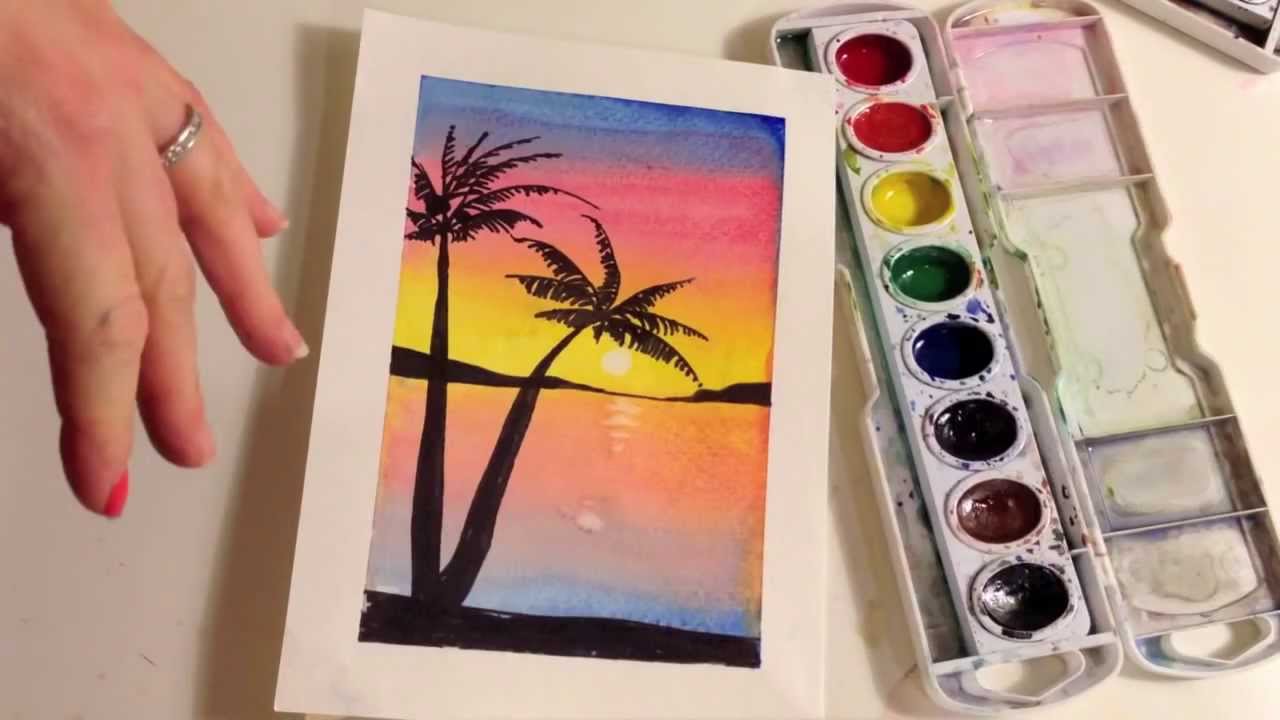 How to paint a sunset with palm trees in watercolor 