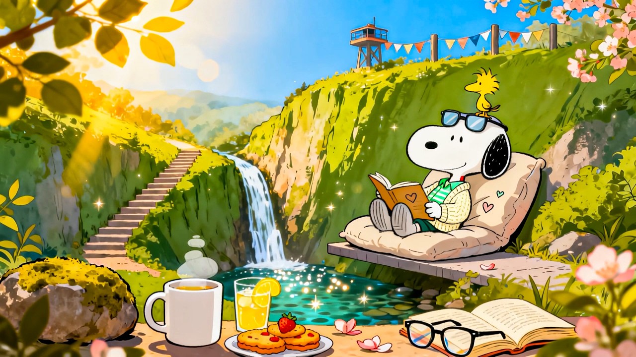 Snoopy’s Peaceful Spring Waterfall 🍃📚 Chill Lofi Beats for Study, Focus & Rest