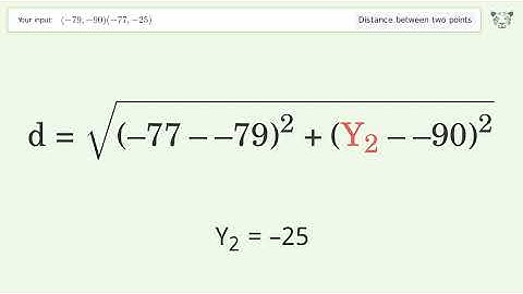 Find the distance between two points p1 (-79,-90) and p2 (-77,-25): Step-by-Step Video Solution