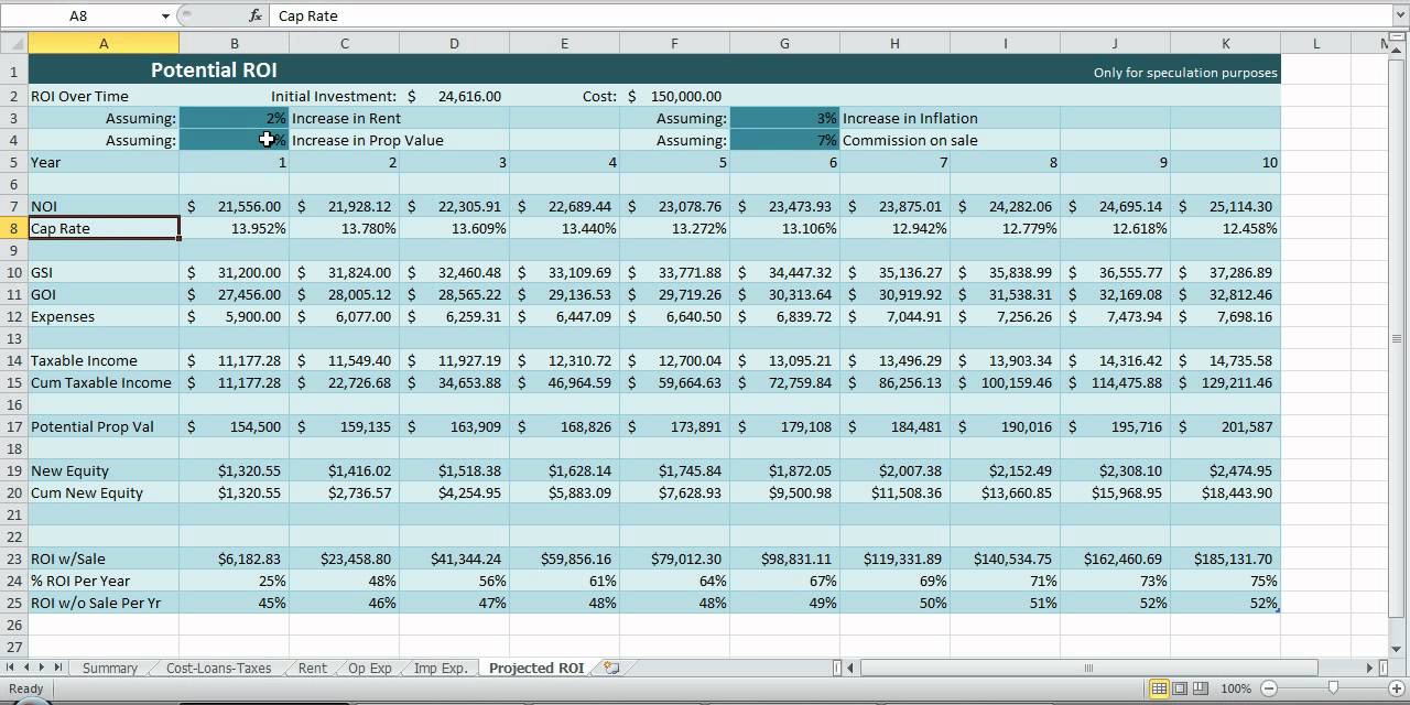 Investment Property Spreadsheet Real Estate Excel ROI Income NOI 