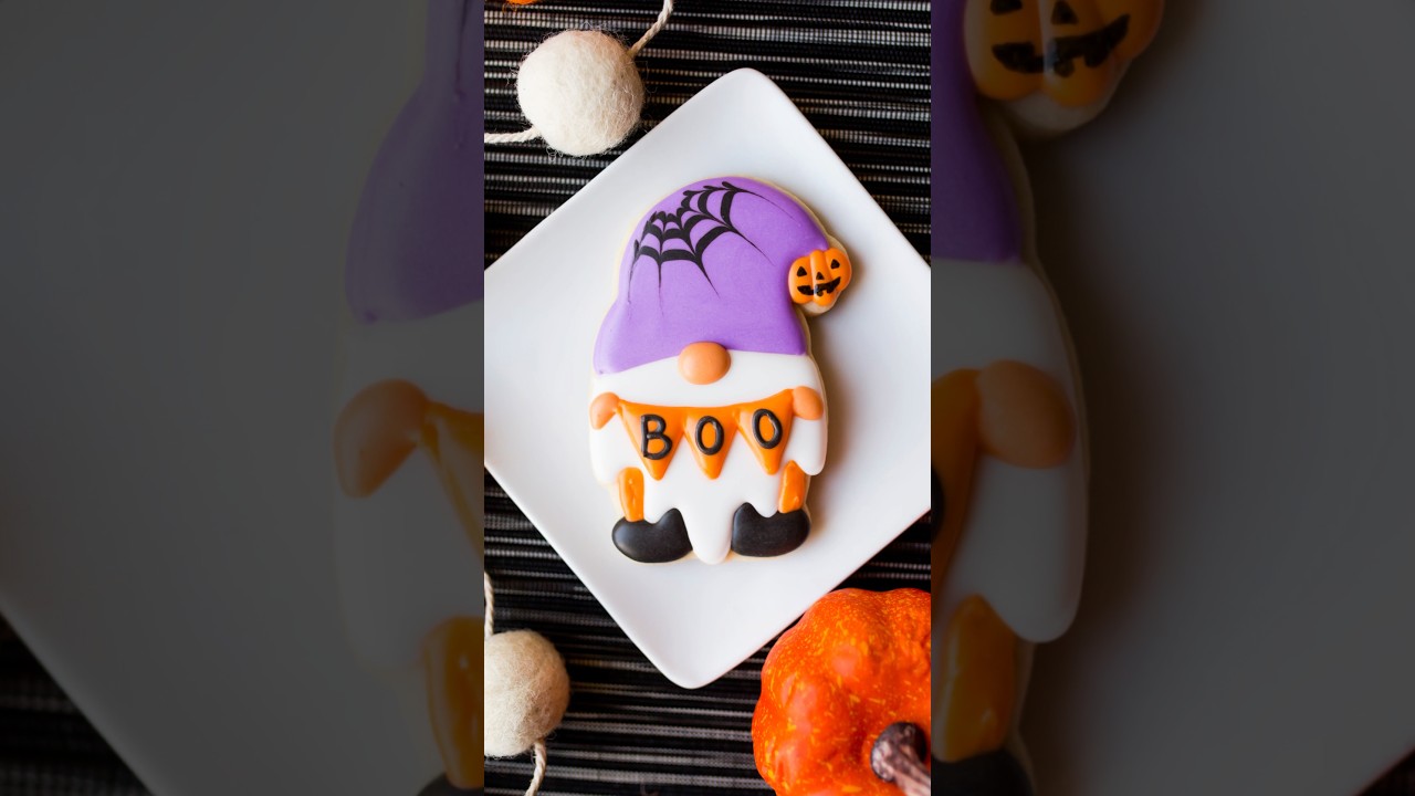 Halloween gnome cookie decorated with royal icing 