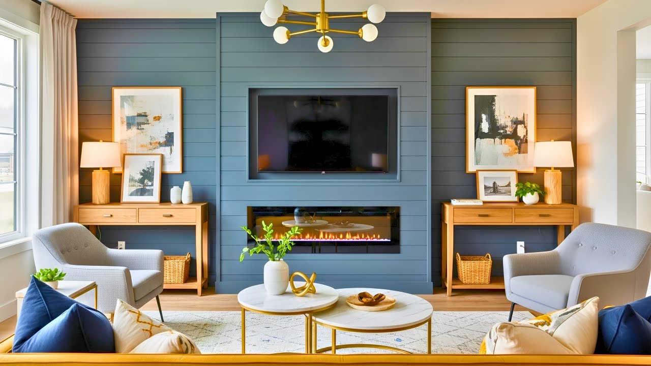 Идеи акцентной стены с телевизором: модные самодельные доски, реечные стены, камень и плавающие п...