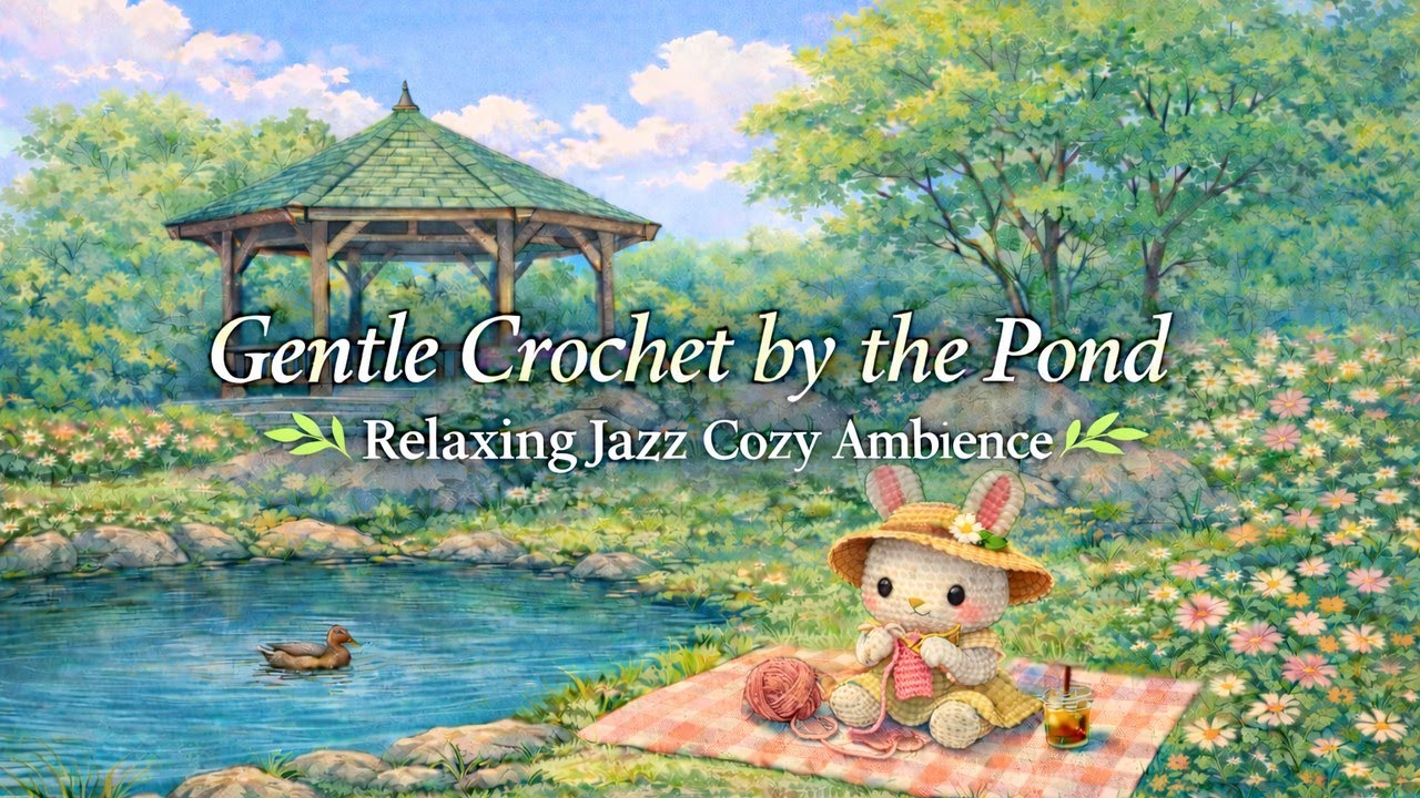 Gentle Crochet by the Pond ☕🐰 Rabbit Crocheting in Nature | Relaxing Jazz Music for Study & Relax 🌿