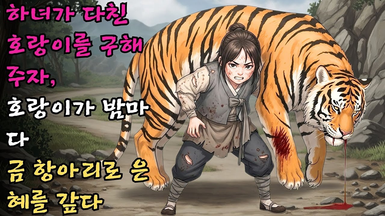 하녀가 다친 호랑이를 업어 데려와 치료해 주었는데, 그날 이후 인생이 바뀌었고 호랑이는 매일 밤 금 항아리 하나를 가져와 은혜를 갚았다 #야담 #민담 #전설 #설화