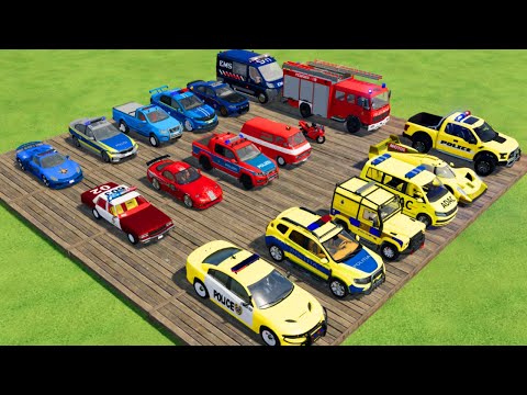 TRANSPORTING CARS, AMBULANCE, POLICE CARS, FIRE TRUCK OF COLORS! WITH TRUCKS!