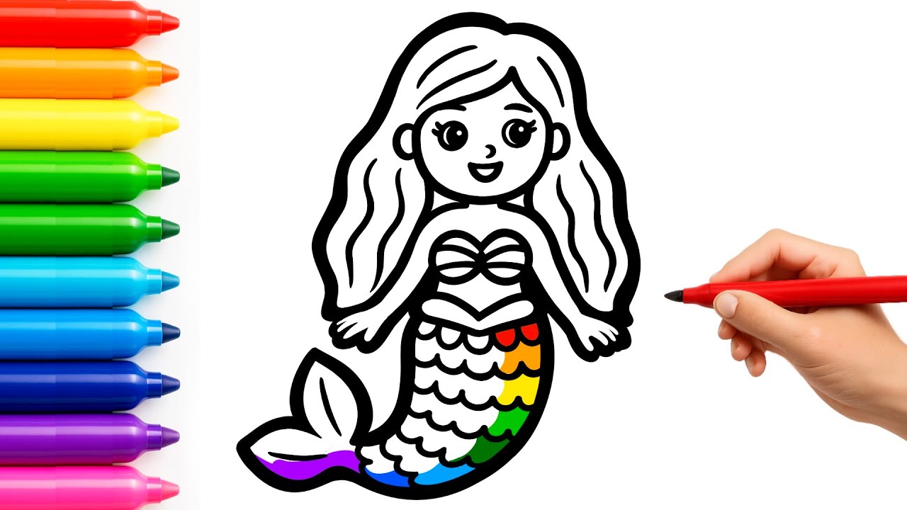 How to Draw a Cute Mermaid 🌈🧜‍♀️ Drawing, Coloring & Painting for Kids, Toddlers